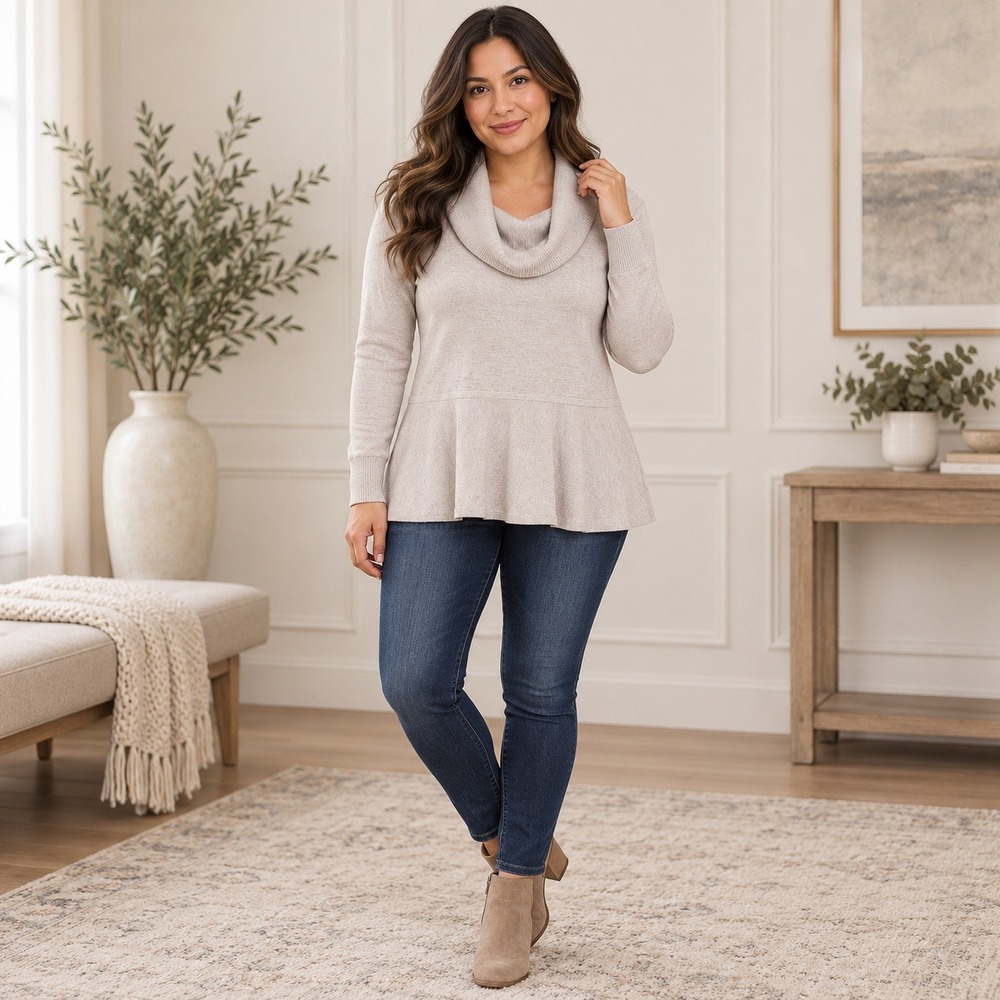 White House Black Market Sweater Womens Large Beige Cowl Neck Peplum Knit GF-1